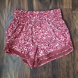 Athleta Pink & White Abstract Smocked-Waist Athletic Shorts